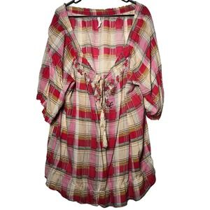Overdrive Womens Red Plaid Top Plus 2X Boho Peasant Western Cottage Summer Gypsy